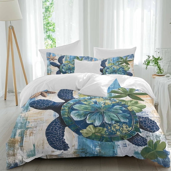 Blue Sea Turtle Queen Size Comforter Set, Wood Grain Floral Starfish Vintage Bedding for All Seasons, 4 Pcs Bed Set, 1Quiltcover (90"x92") ,1Sheet(94"x116"), 2Pillowcases (30"x20")