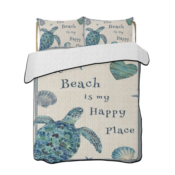Blue Sea Turtle Quilts Bedding Set King Size Beach Happy Place Seashell ...