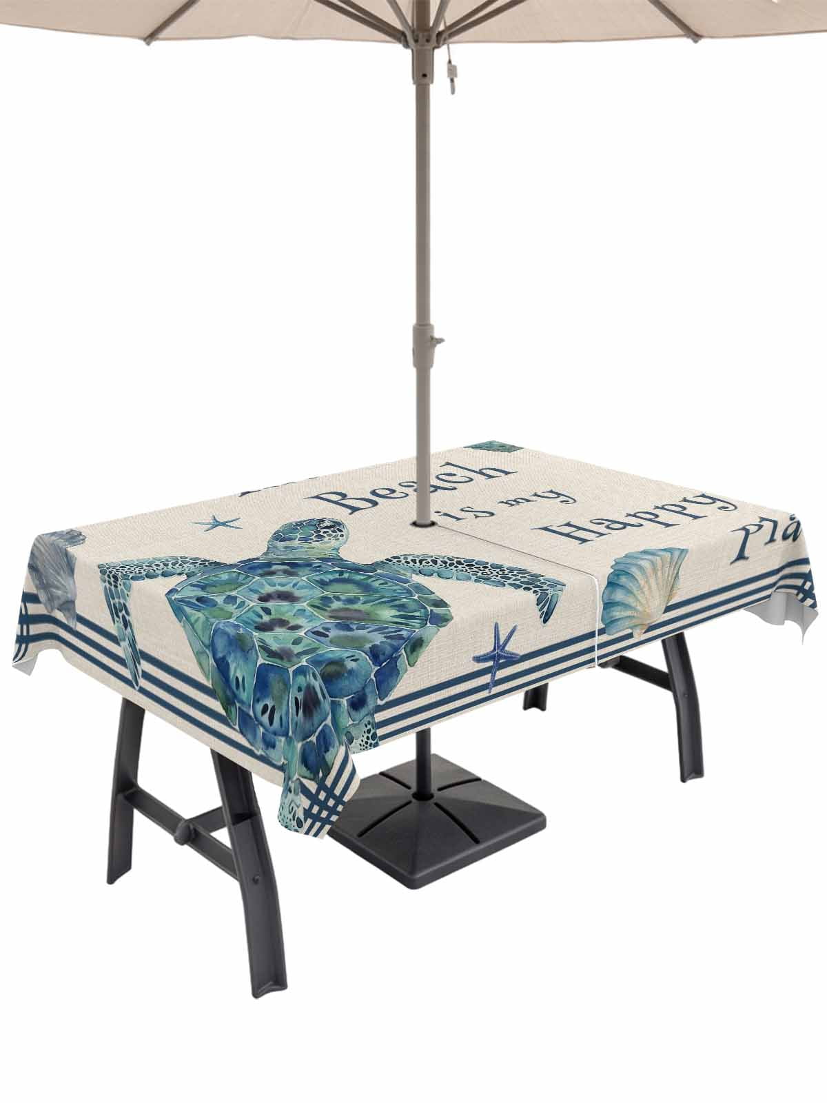 Blue Sea Turtle Rectangle Outdoor Tablecloth with Umbrella Hole Beach ...