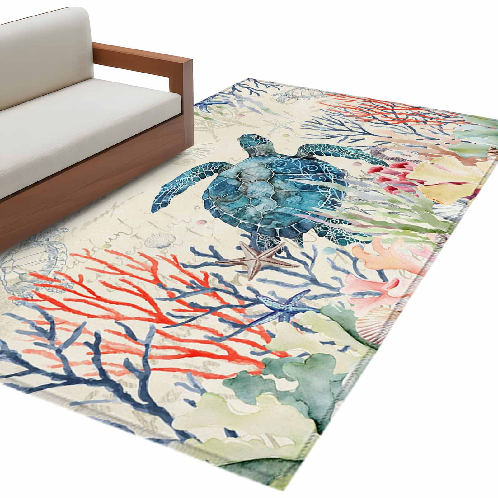 Turtle Colorblock Rug Blue Sea Turtle Rectangle Area Rug 4x6 ft Watercolor Rustic Red Blue ...