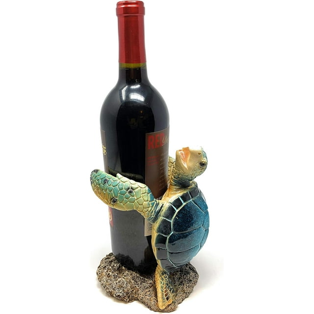 Blue Sea Turtle Resin Wine Bottle Holder, 7.75 Inches Tall