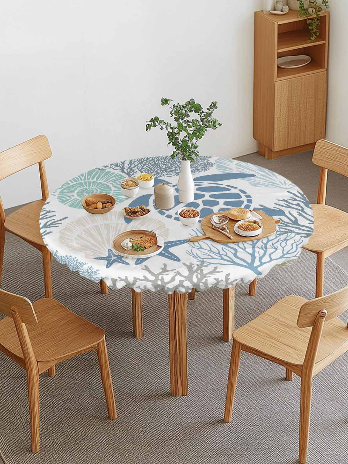 Shell Table Clothes Blue Sea Turtle Round Fitted Tablecloth with Elastic Edge, Nautical ...