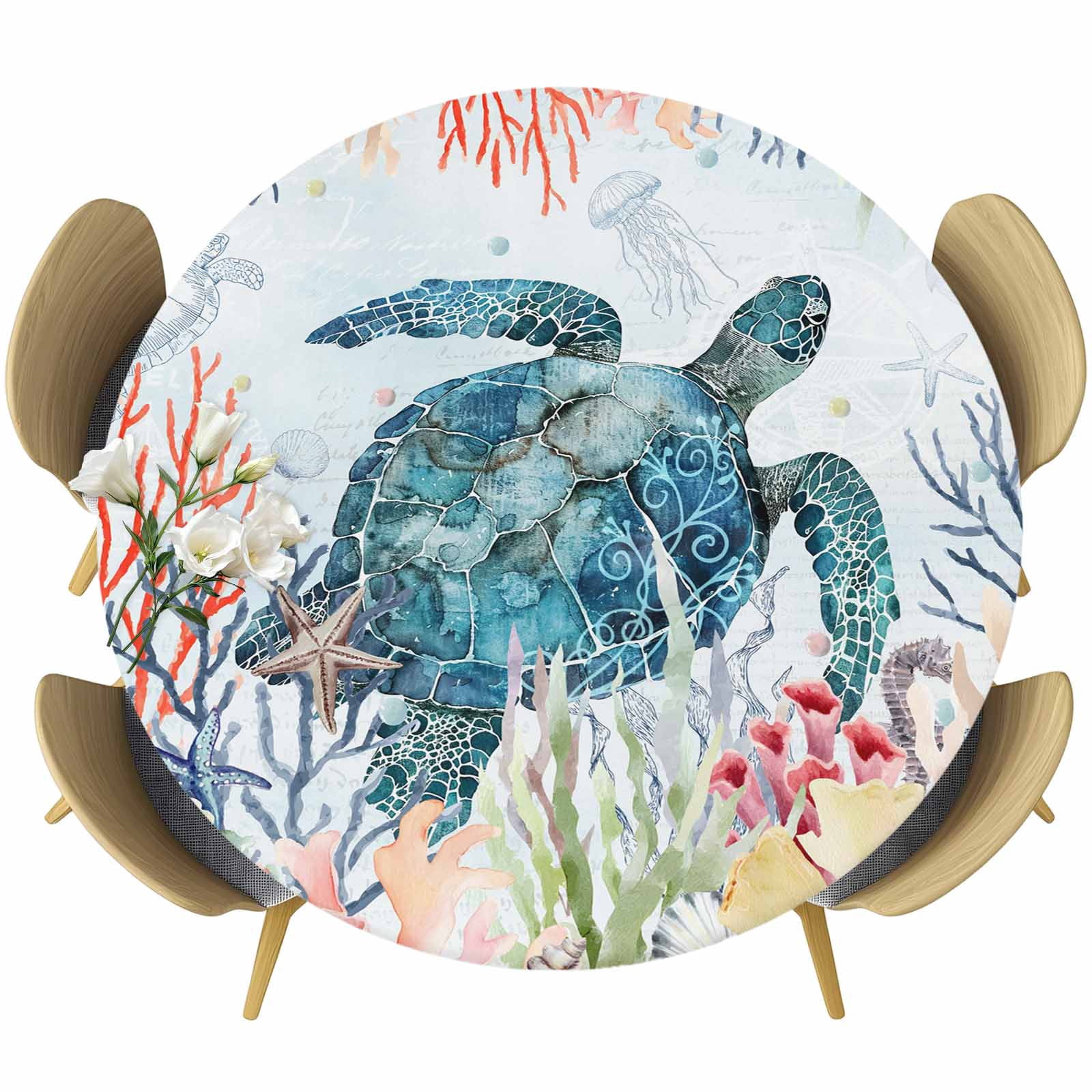 Rustic Turtle Table Blue Sea Turtle Round Fitted Tablecloth with Elastic Edge, Watercolor ...