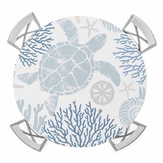Blue Sea Turtle Round Fitted Tablecloth with Elastic Edge, Waterproof Table Cloth Table Cover for 55"-60" Tables, Coastal Coral Summer Beach Nautical Tablecloths for Dining Picnic Indoor Outdoor