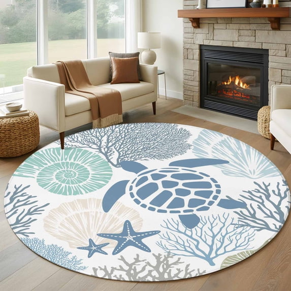 Blue Sea Turtle Round Living Room Rugs 7 ft, Nautical Ocean Watercolor Green Shells Coral Starfish Washable Area Rug with Non-Slip Sturdy Edge Binding Round Carpet for Kitchen Office Bedroom