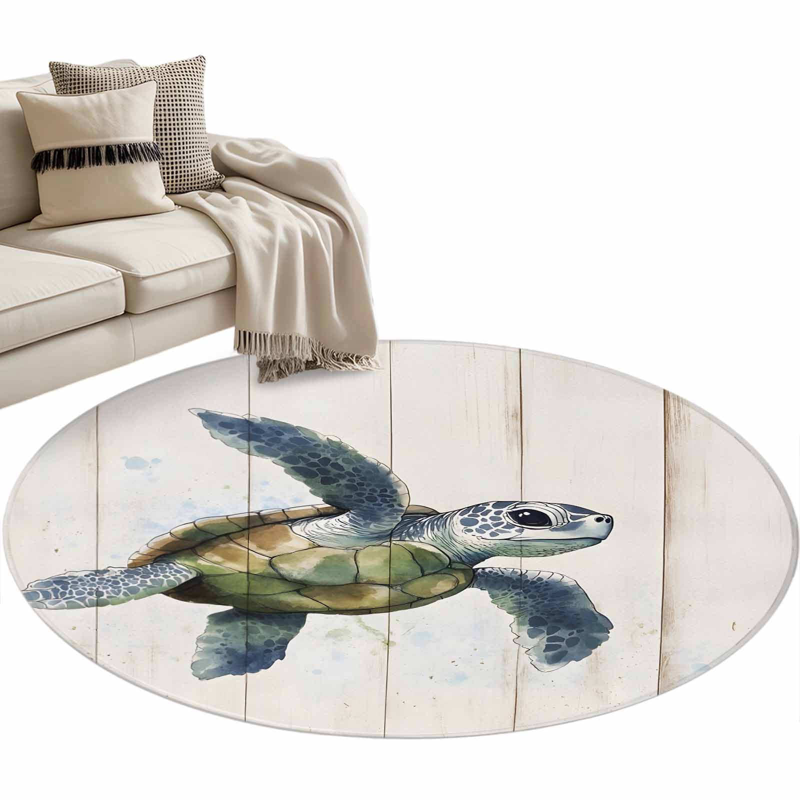 Circle Turtle Rug Blue Sea Turtle Round Area Rug 4 ft Wood Grain Retro Farmhouse Washable ...