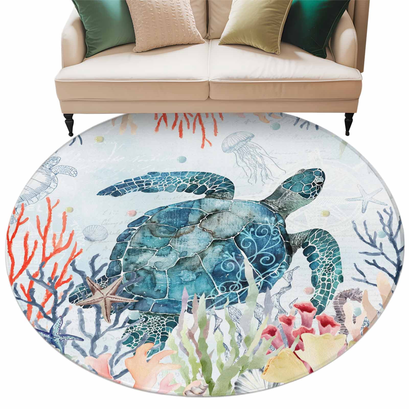 Turtle Colorblock Rug Blue Sea Turtle Round Area Rug 6 ft Watercolor Rustic Red Blue Corals ...