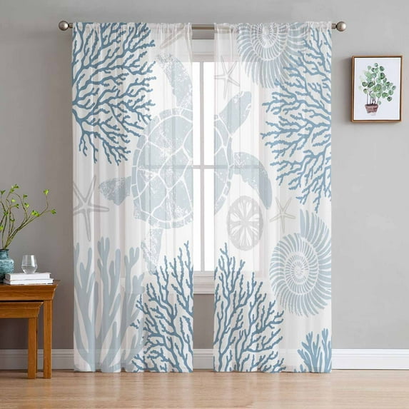 Blue Sea Turtle Semi Sheer Window Curtains 96 Inches Long, Coastal Coral Summer Beach Nautical Rod Pocket Voile Silky Chiffon Curtain Treatment Drapes for Kitchen, Living Room, 52"x96", 2 Panels