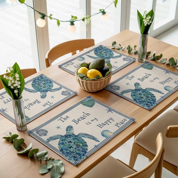 Blue Sea Turtle Shells on Vintage Placemats Set of 4,Wipeable Washable Table Mats for Dining Tables, Happy Place Quote Place Mats for Kitchen Event Party Tabletop Decor