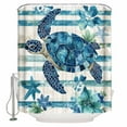 thumbnail image 1 of Blue Sea Turtle Shower Curtain, 48" x 72", Blue Floral Starfish Retro Striped Waterproof Bathroom Curtain Washable Shower Curtain Set with 12 Hooks, 1 of 6