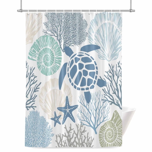 Blue Sea Turtle Shower Curtains for Bathroom, Nautical Ocean Watercolor Green Shells Coral Starfish Waterproof Fabric Shower Curtain for Bathroom Bathtub Decoration, Machine Washable 36"x72"