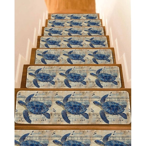 Blue Sea Turtle Stair Treads Non Slip Runners Rugs, 7 Pcs Carpet for Stairs with Adhesive, Vintage Coastal Sheet Music Stair Mats Pads Indoor Stair Treads for Wooden Steps 8"x30"