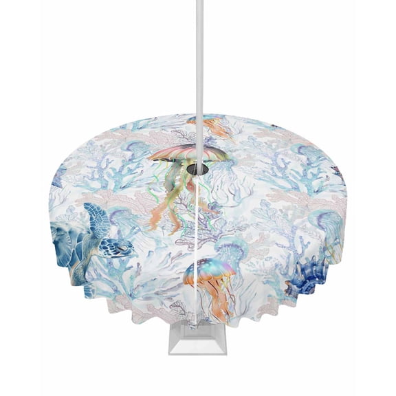 Blue Sea Turtle Summer Ocean Nautical Round Tablecloth with Zipper,Waterproof Table Cloth with Umbrella Hole Patio Tablecloths for Outdoor Tables,Coastal Coral Seahorse Spillproof Table Cover