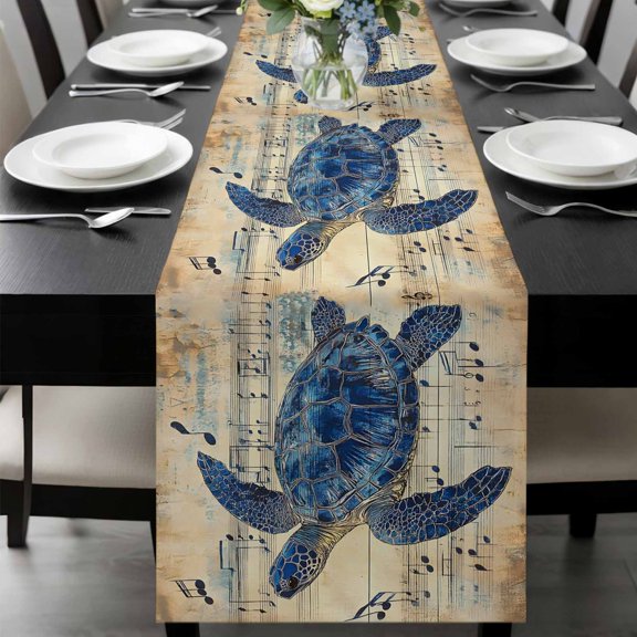 Blue Sea Turtle Table Runner 36 Inches Long, Vintage Coastal Sheet Music Kitchen Coffee Dining Table Decoration for Home Party Birthday Wedding Home Decor 13x36 Inches