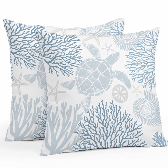 Blue Sea Turtle Throw Pillow Covers 16x16 Inch Set of 2, Coastal Coral Summer Beach Nautical Waterproof Outdoor Pillow Covers, Decorative Cushion Pillowcases for Couch, Sofa, Bed, Garden, Patio