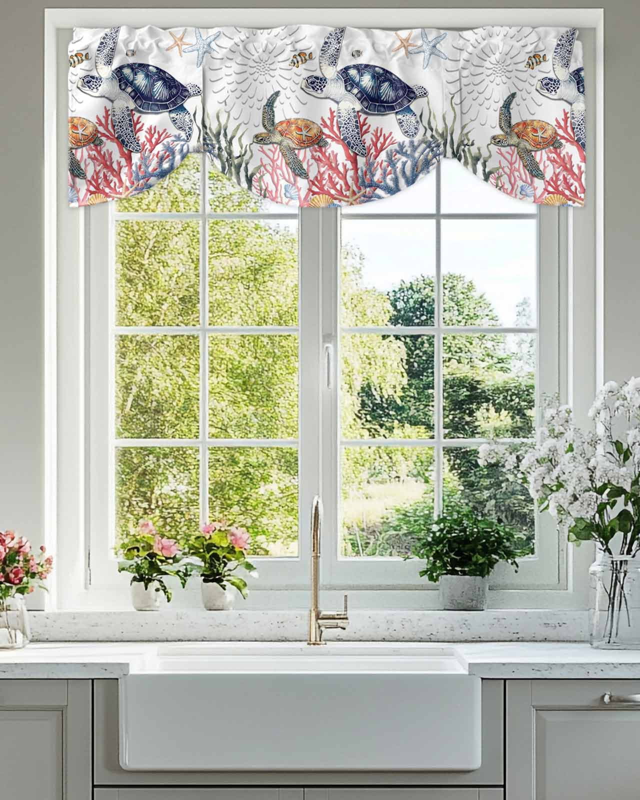 Blue Sea Turtle Tie Up Valances Curtain, Adjustable Kitchen Ocean Coral ...