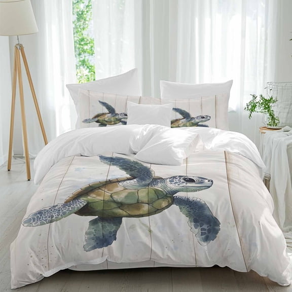 Blue Sea Turtle Twin Size Comforter Set, Wood Grain Retro Farmhouse Bedding for All Seasons, 4 Pcs Bed Set, 1 Quiltcover (68"x86") ,1Sheet(67"x116"), 2Pillowcases (30"x20")