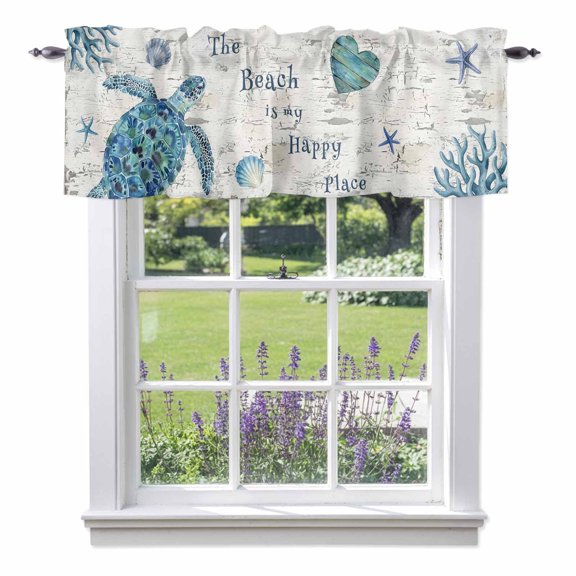 Blue Sea Turtle Valance Curtain Beach Happy Place Seashell Starfish Mottled Wall Texture Window Valances Rod Pocket Short Curtains Window Treatments for Kitchen Bedroom Bathroom Laundry 56" x 16"