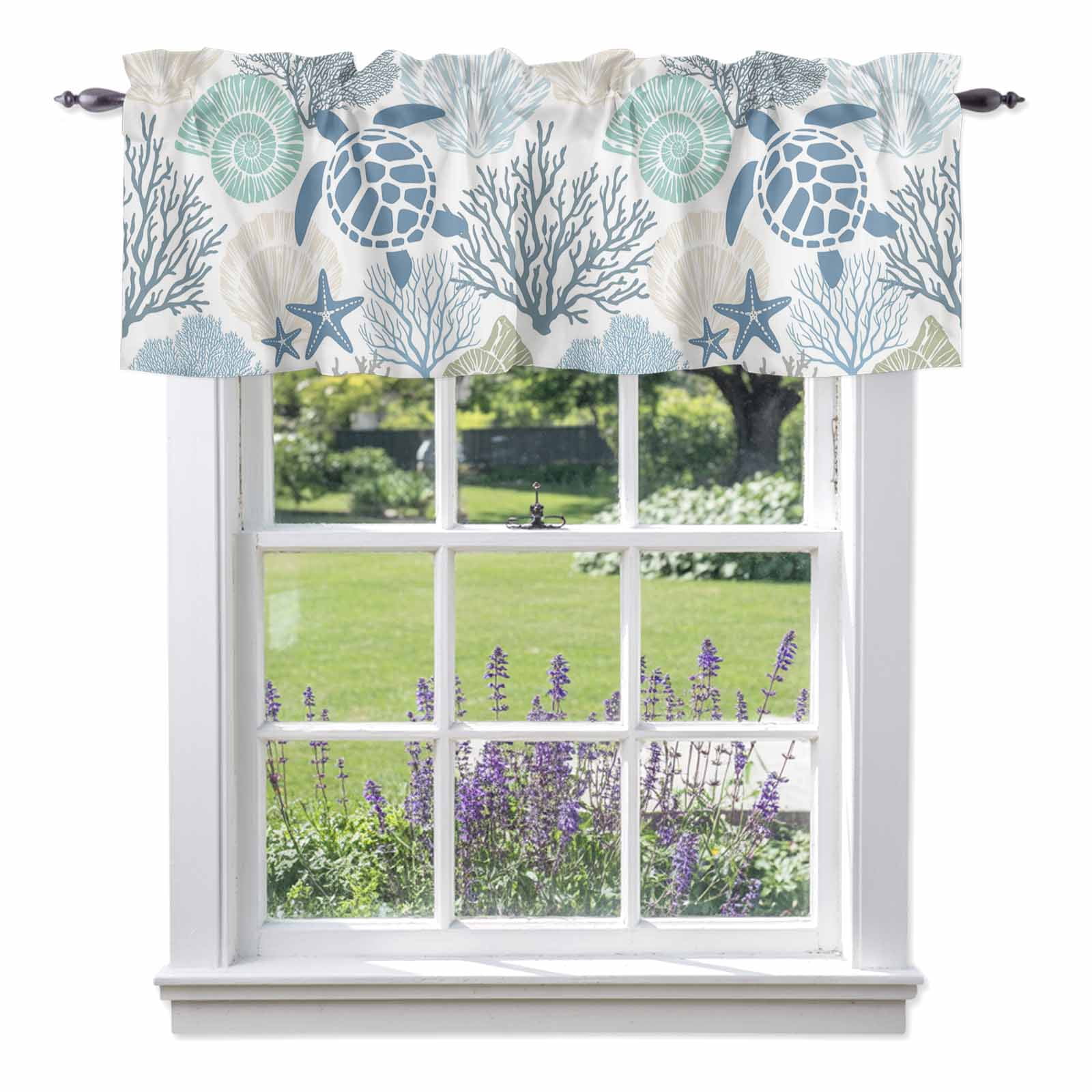 Rod Hohn Shell Blue Sea Turtle Valance Curtain for Windows Nautical Ocean Watercolor ...