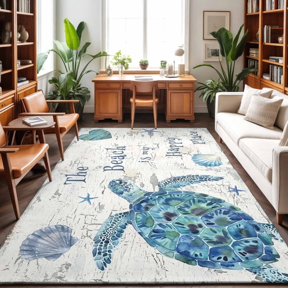 Blue Sea Turtle Washable Area Rug 9 x 12 ft Beach Happy Place Seashell Starfish Mottled Wall Texture, Soft Non Slip Rugs Stain Repellent Indoor Felt Carpet for Living Dining Room Bedroom Home Office