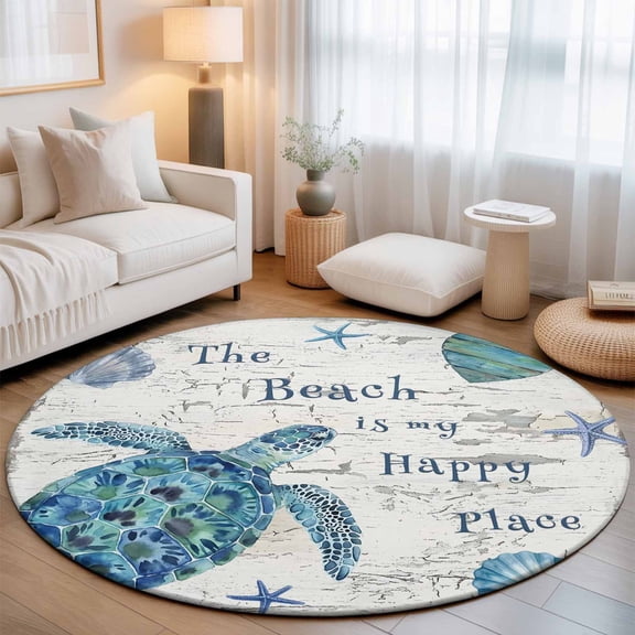 Blue Sea Turtle Washable Round Area Rug 3 ft, Beach Happy Place Seashell Starfish Mottled Wall Texture, Soft Non Slip Rugs Stain Repellent Indoor Felt Carpet for Living Dining Room Bedroom Home