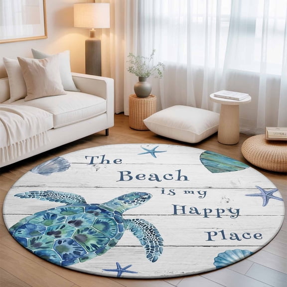 Blue Sea Turtle Washable Round Area Rug 3 ft, Beach Happy Place Seashell Starfish Retro Wood Grain, Soft Non Slip Rugs Stain Repellent Indoor Felt Carpet for Living Dining Room Bedroom Home Office