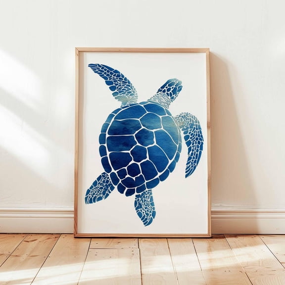 Blue Sea Turtle Watercolor Art - Coastal Ocean Animal Poster 8x12 UNFRAMDE