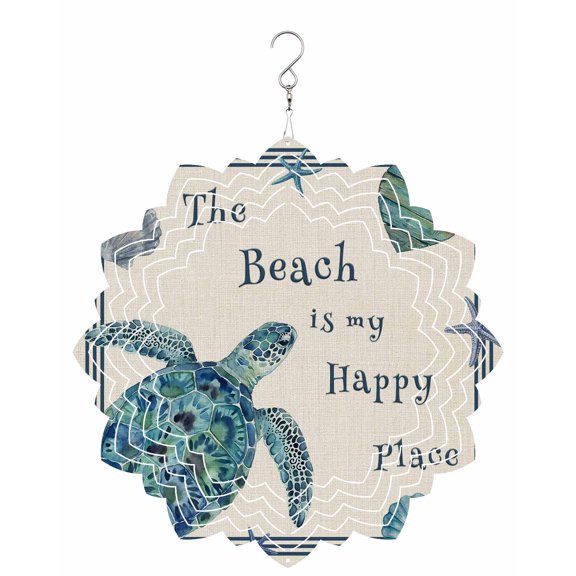 Blue Sea Turtle Wind Spinner for Garden Yard 8In, Beach Happy Place Seashell Starfish Linen Texture 3D Stainless Steel Kinetic Hanging Wind Spinners Rustproof Outdoor Decor for Lawn Patio Home