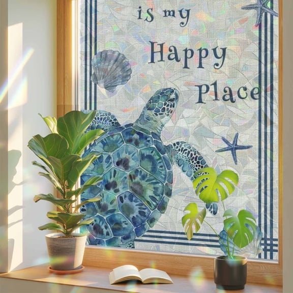 Blue Sea Turtle Window Privacy Film, Beach Happy Place Seashell Starfish Linen Texture Stained Glass Rainbow Film Decorative Window Clings, Static Cling Sun Blocking Stickers 17.7" x 39.3"