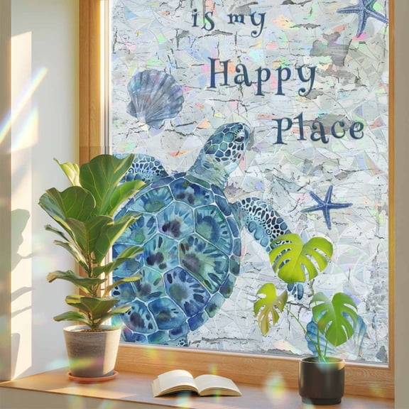 Blue Sea Turtle Window Privacy Film, Beach Happy Place Seashell Starfish Mottled Wall Texture Stained Glass Rainbow Film Decorative Window Clings, Static Cling Sun Blocking Stickers 23.6" x 59"