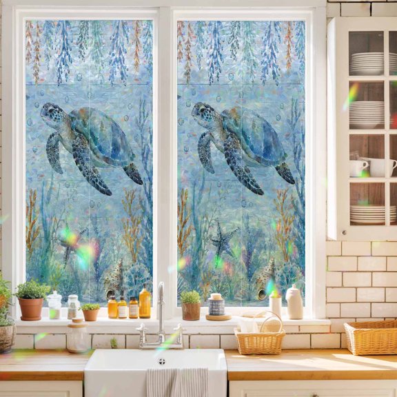 Blue Sea Turtle Window Privacy Film Nautical Coastal Starfish Shell Bubble Static Cling Stained Glass Window Film Non-Adhesive Decorative Decals Rainbow Sticker 17.7"X39.3"