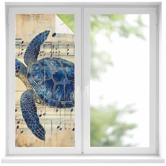 Blue Sea Turtle Window Privacy Film, Vintage Coastal Sheet Music Static Cling UV Sun Blocking Heat Control Window Tint Day and Night, Non-Adhesive Reusable One Way Windows Privacy Cover 19.6''x39.3''