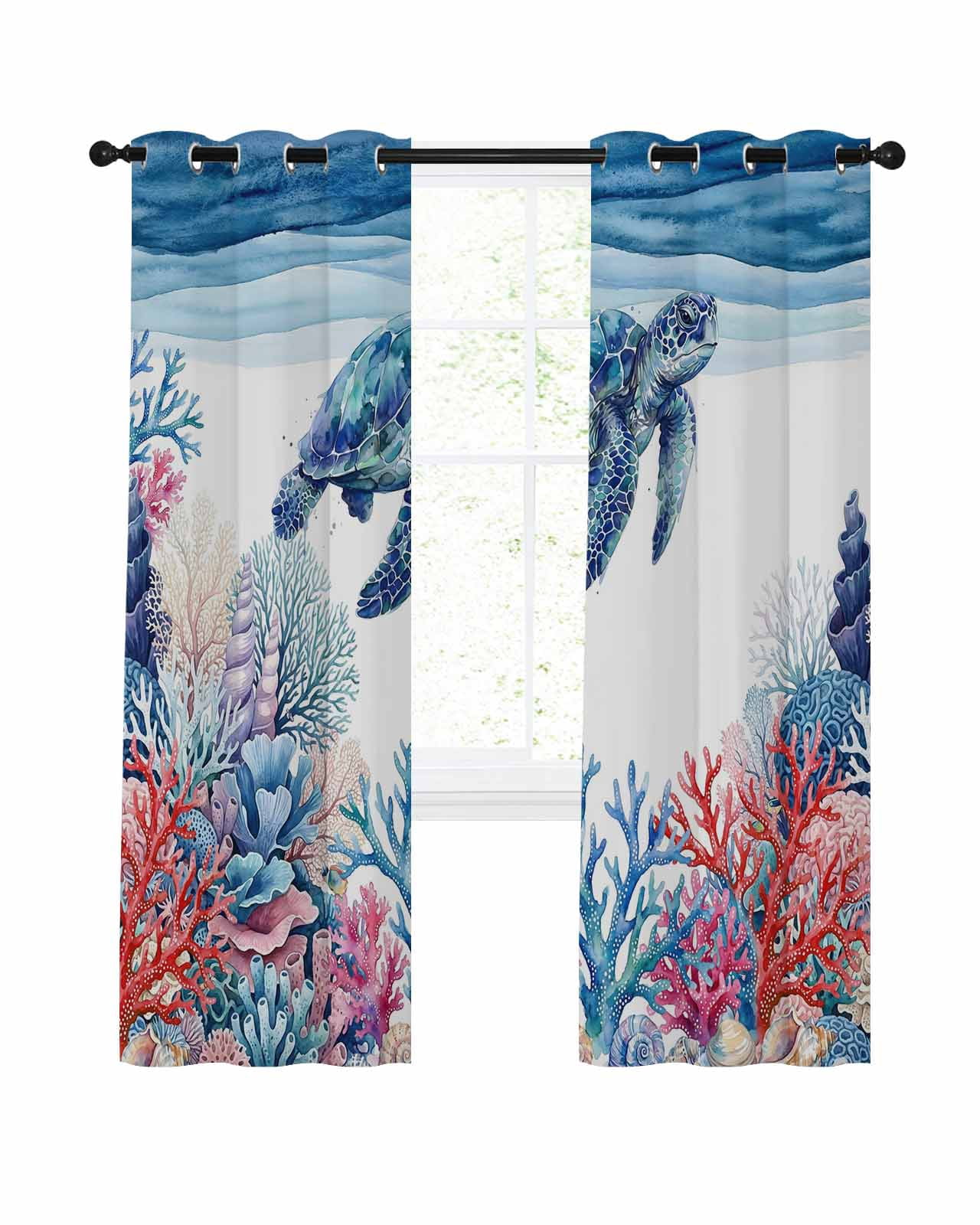 Blue Sea Turtles Blackout Curtains for Bedroom Living Room, Red Coral ...