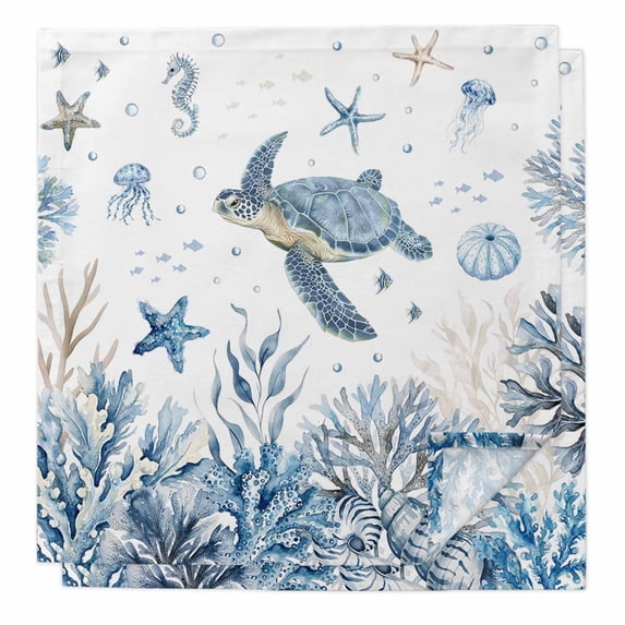 Blue Sea Turtles Cloth Napkins, Coastal Ocean Sea Starfish Coral Shells Washable and Reusable Dinner Napkins Set of 2, Table Napkin for Kitchen Party Birthday Wedding Hotel Housewarming 20"x20"