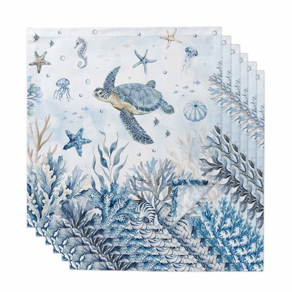 Blue Sea Turtles Cloth Napkins, Coastal Ocean Seahorse Starfish Coral Washable and Reusable Dinner Napkins Set of 6, Table Napkin for Kitchen Party Birthday Wedding Hotel Housewarming 20"x20"