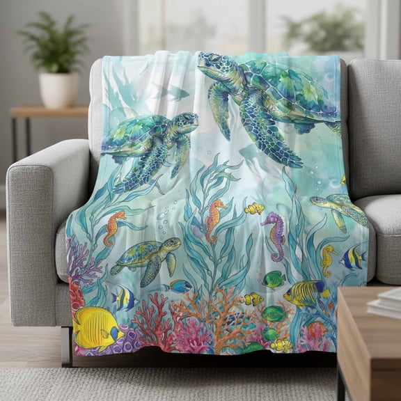 Blue Sea Turtles Fleece Throw Blanket Fish Color Coral Ocean Life Watercolor Ultra Soft Fuzzy Cozy Flannel Throw Blanket for Couch Sofa Bed Car Travel, Ideal Gifts 30x40 Inches