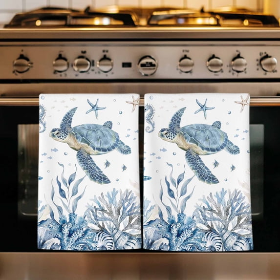 Blue Sea Turtles Kitchen Towels Set of 1, Coastal Ocean Sea Starfish Coral Shells Absorbent Dish Towels for Kitchen, Microfiber Hand Towel, Quick Drying Tea Towel for Cleaning Decorative Dishcloths