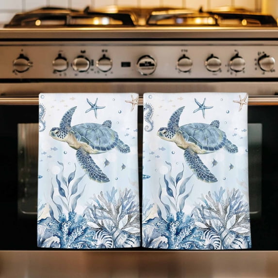 Blue Sea Turtles Kitchen Towels Set of 1, Coastal Ocean Seahorse Starfish Coral Absorbent Dish Towels for Kitchen, Microfiber Hand Towel, Quick Drying Tea Towel for Cleaning Decorative Dishcloths