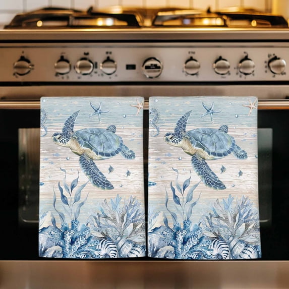 Blue Sea Turtles Kitchen Towels Set of 1, Coastal Vintage Ocean Sea Starfish Coral Absorbent Dish Towels for Kitchen, Microfiber Hand Towel, Quick Drying Tea Towel for Cleaning Decorative Dishcloths