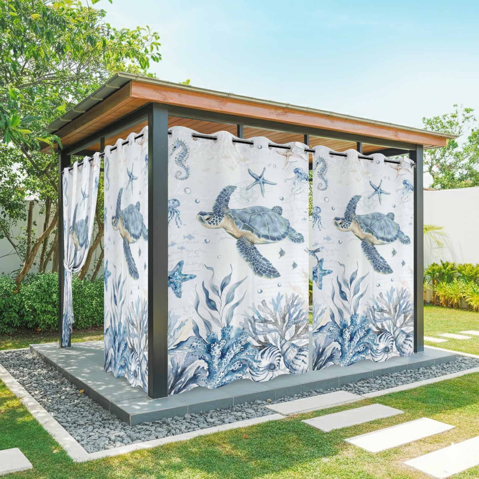 Turtle Panel Railing Blue Sea Turtles Outdoor Curtains for Patio Waterproof, Grommet Outdoor ...