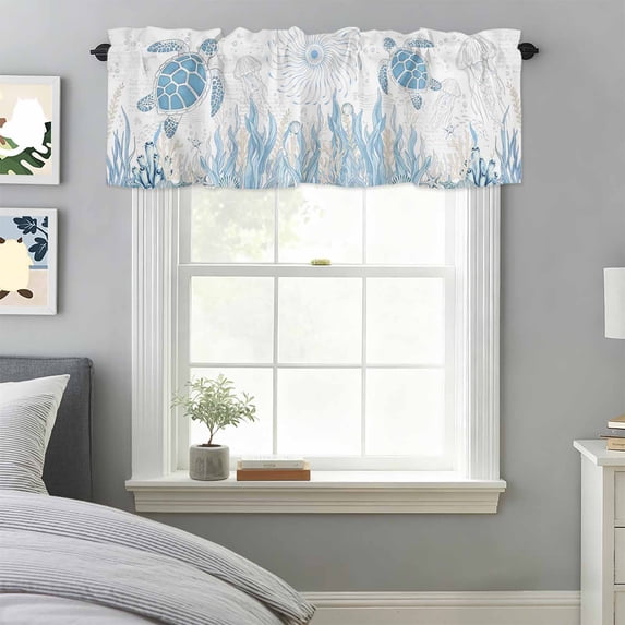 Blue Sea Turtles Stars Corals Valances for Windows,Kitchen Valance Rod Pocket Short Curtain, Vintage Marine Life Valance Curtain Window Valances for Bedroom Bathroom Living Room 42x18in