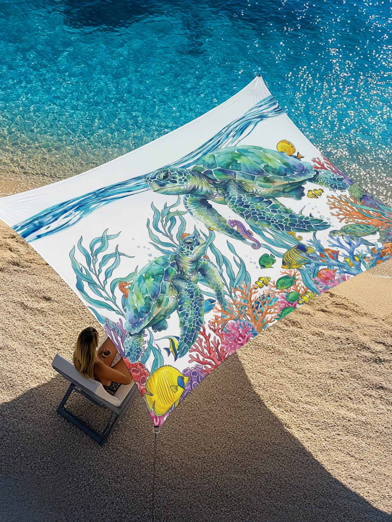 Turtle Shell Canopy Blue Sea Turtles Sun Shade Sail 14' x 18', Fishes Color Coral Ocean ...