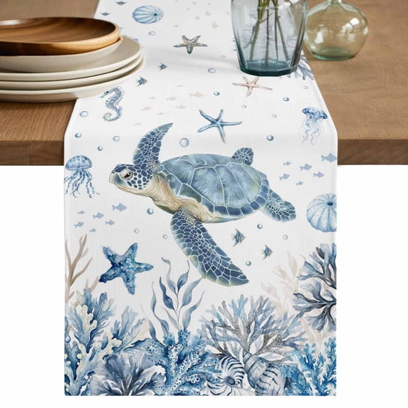 Blue Sea Turtles Table Runner 72 Inches, Coastal Ocean Sea Starfish Coral Shells Bed Runner Dresser Scarves Tabletop for Indoor Outdoor Parties/Ceremony/Banquet, 16" x 72"