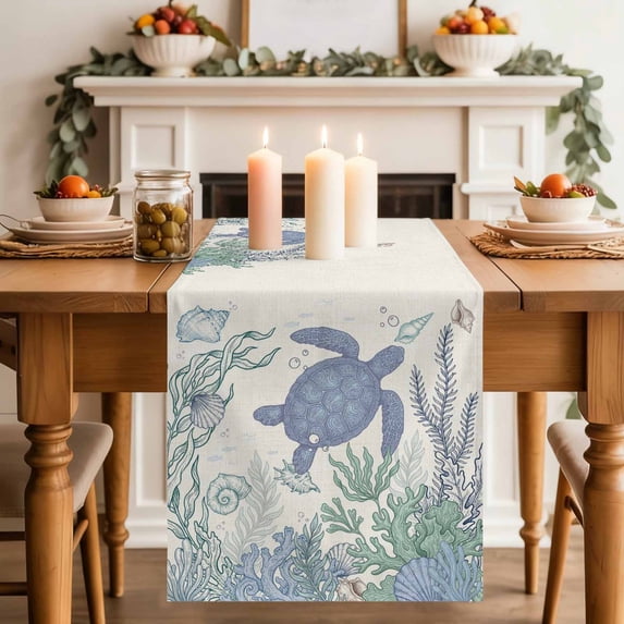 Blue Sea Turtles Table Runner, Shell Coral Vintage Ocean Life Summer Cotton Linen Kitchen Table Decoration Washable Dining Tabletop Runners for Home Party Decor 13x48 Inches