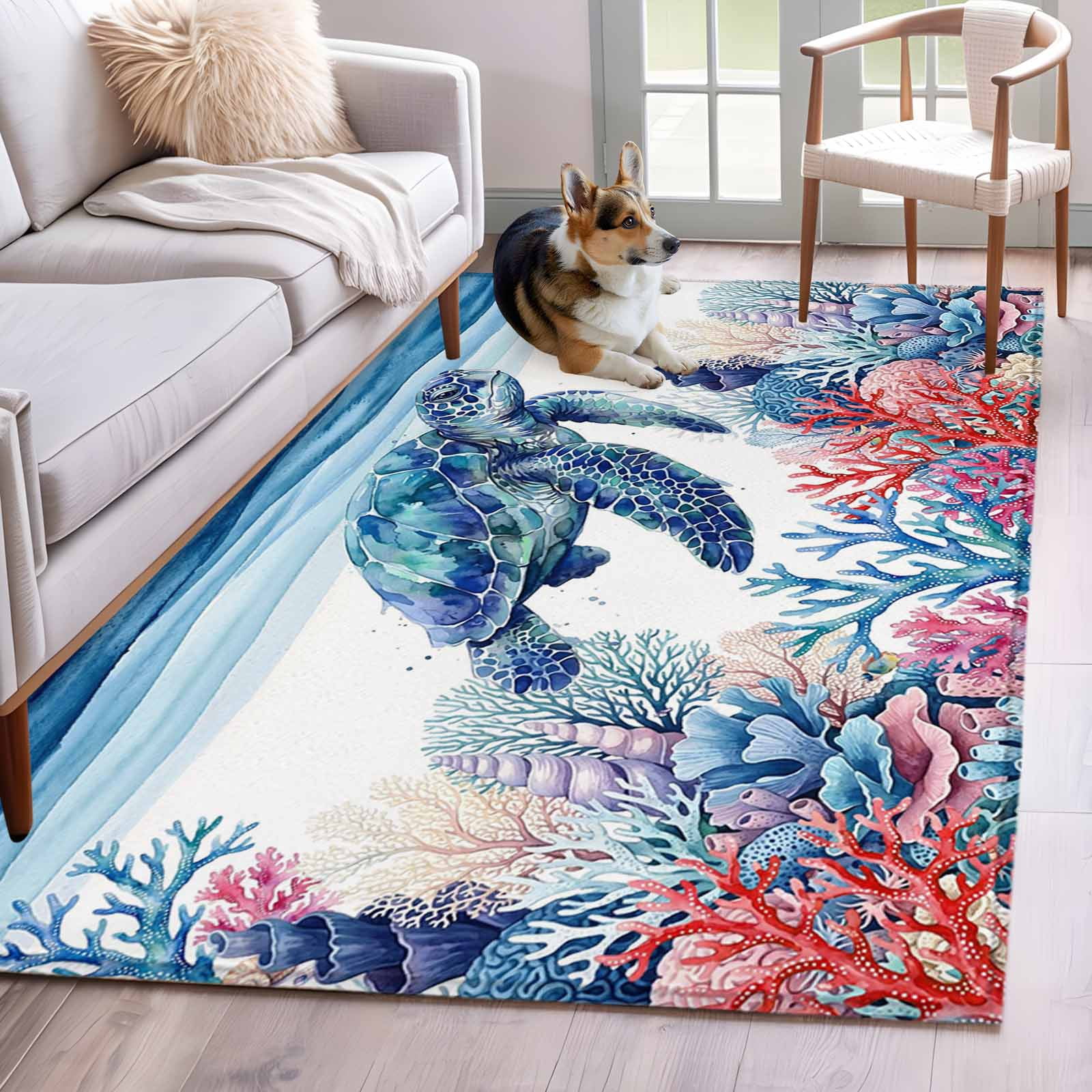 Turtle Colorblock Rug Blue Sea Turtles Washable Area Rugs 3'x5', Red Coral Shell Ocean Life ...