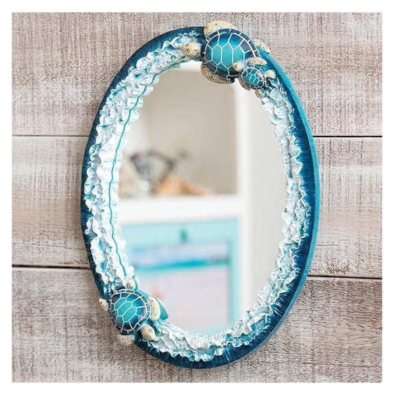 Blue Sea Wall Mirror Coastal Polyresin Mirror with Ocean Accents, 14.25" W x 2" D x 18.5" H
