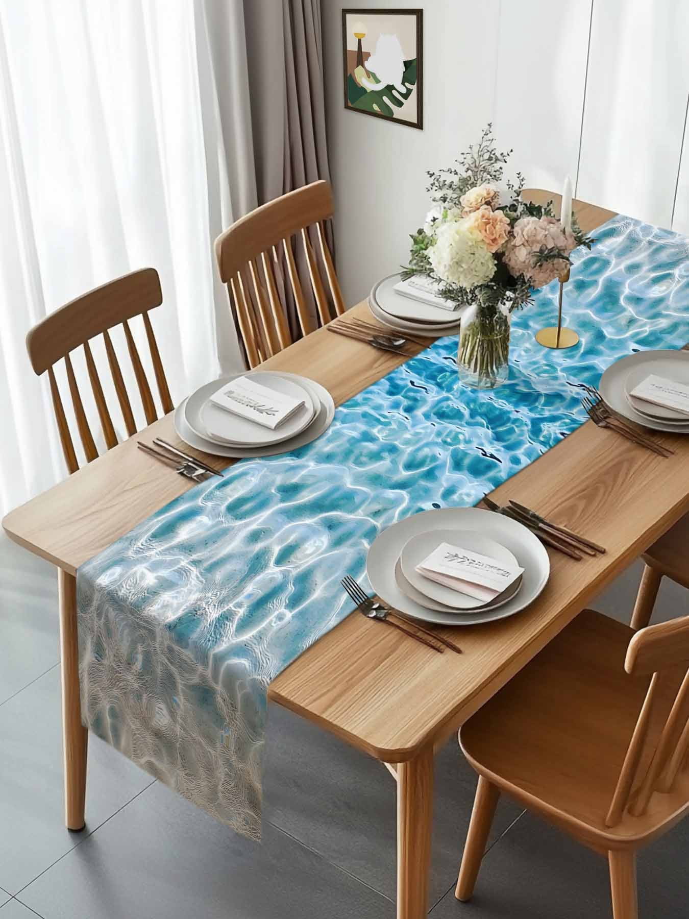 Blue Sea Water Ripple Table Runner 90 Inches Long, Ocean Seabed Table Runners Tabletop Scarf Kitchen Dining Tables Decoration for Home Party Indoor Outdoor