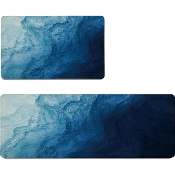 Blue Sea Wave Kitchen Mats for Floor Modern Abstract Artistic Kitchen Rug Sets Ocean Theme Kitchen Decor Runner Rug Anti Fatigue Comfort Heavy Duty Standing Mat, 17.3x28 Inch+17.3x47 Inch