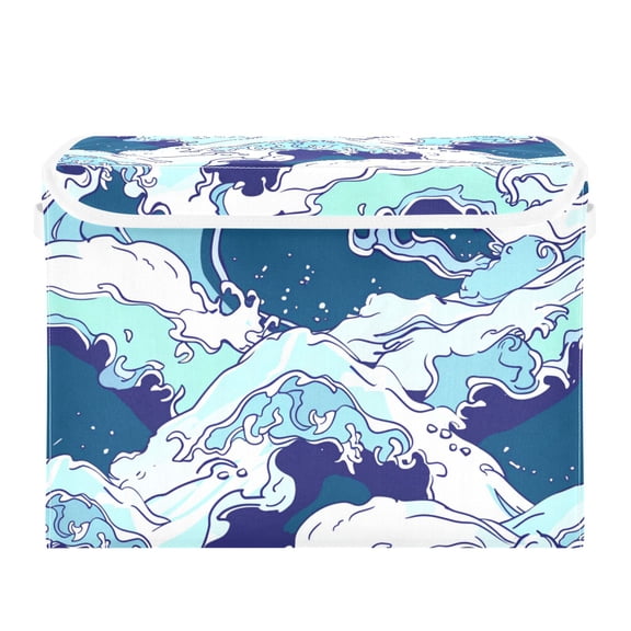 Blue Sea Waves Foldable Storage Bin with Lid and Handle Collapsible Storage Box 16.5 x 12.6 x 11.8 inches