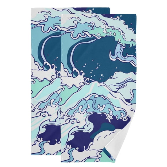Blue Sea Waves Hand Towel Absorbent Bath Towels for Bathroom Sports Gym 28" x 14" Set of 2